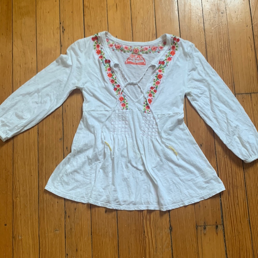 EUC Free People semi-sheer boho embroidered yolk cotton top